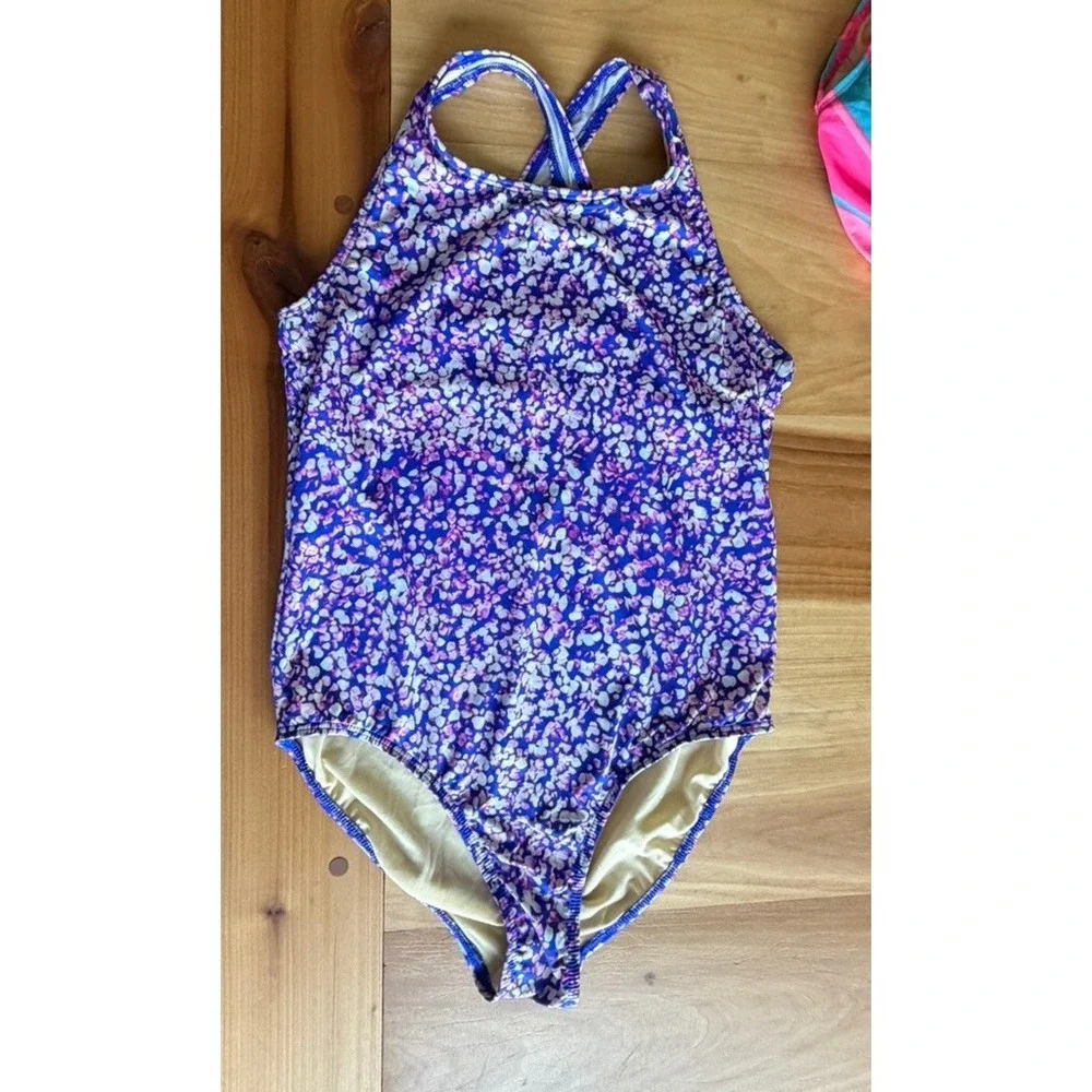 Lot Of 3 Lands End Swimsuits Girls Plus Size 10-12 Pink Blue Purple Green EUC